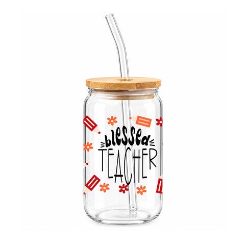 Blessed Teacher 16 oz Glass Jar, Teacher Iced Coffee Cup with Bamboo Lid & Straw, Teacher Gift