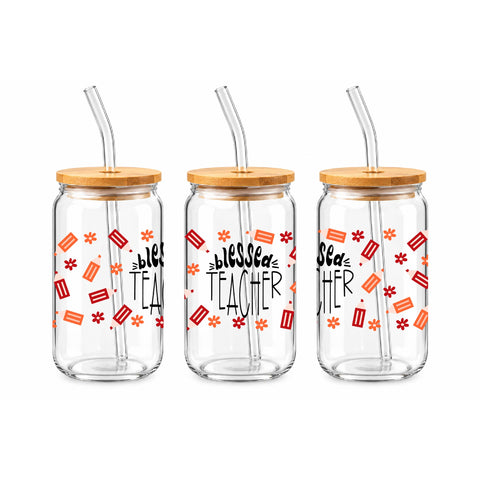 Blessed Teacher 16 oz Glass Jar, Teacher Iced Coffee Cup with Bamboo Lid & Straw, Teacher Gift