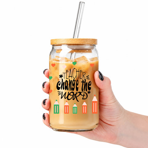 Teachers Change the World 16 oz Glass Jar, Teacher Iced Coffee Cup with Bamboo Lid & Straw