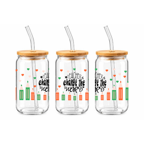 Teachers Change the World 16 oz Glass Jar, Teacher Iced Coffee Cup with Bamboo Lid & Straw