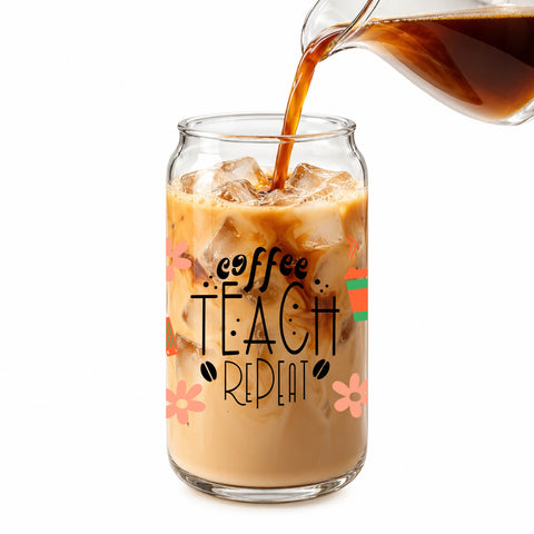 Coffee Teach Repeat 16 oz Glass Jar, Teacher Iced Coffee Cup with Bamboo Lid & Glass Straw, Teacher Gift