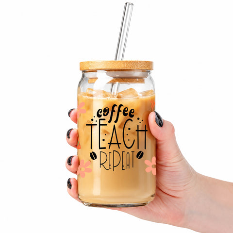 Coffee Teach Repeat 16 oz Glass Jar, Teacher Iced Coffee Cup with Bamboo Lid & Glass Straw, Teacher Gift
