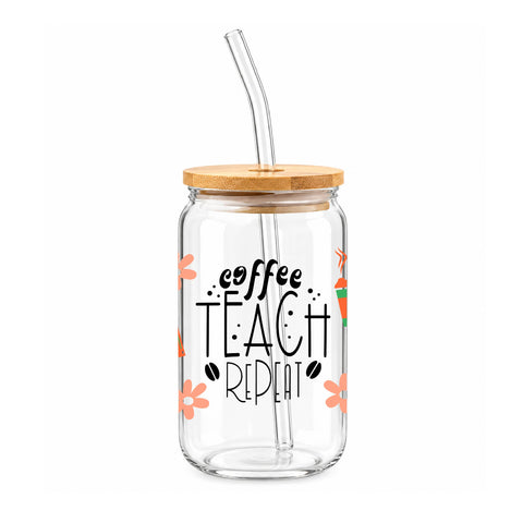 Coffee Teach Repeat 16 oz Glass Jar, Teacher Iced Coffee Cup with Bamboo Lid & Glass Straw, Teacher Gift