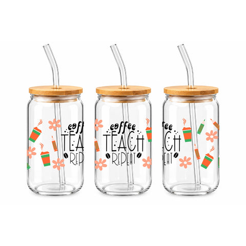 Coffee Teach Repeat 16 oz Glass Jar, Teacher Iced Coffee Cup with Bamboo Lid & Glass Straw, Teacher Gift