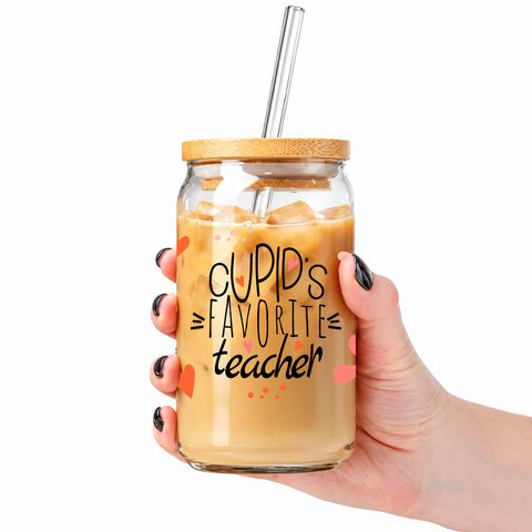 Cupid's Favorite Teacher 16 oz Glass Jar, Valentine Teacher Iced Coffee Cup, Teacher Gift