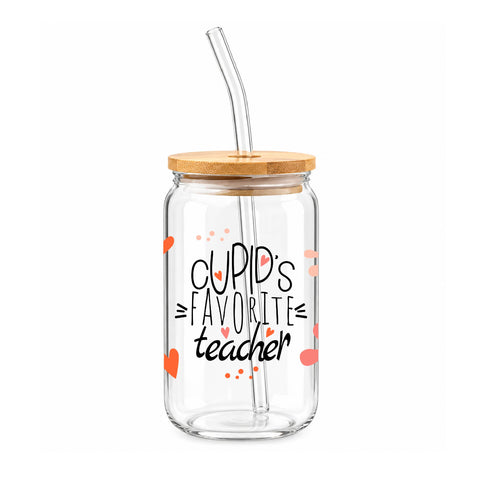 Cupid's Favorite Teacher 16 oz Glass Jar, Valentine Teacher Iced Coffee Cup, Teacher Gift