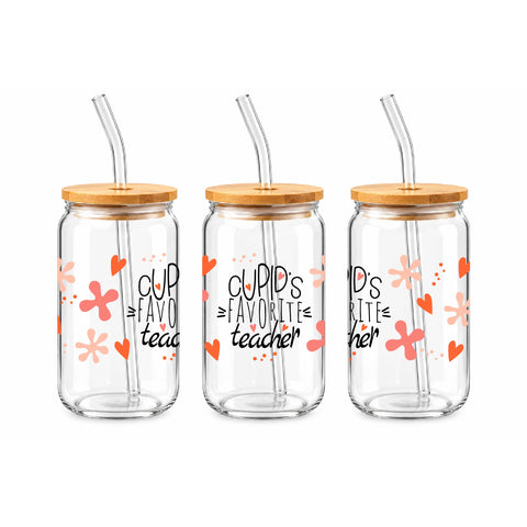 Cupid's Favorite Teacher 16 oz Glass Jar, Valentine Teacher Iced Coffee Cup, Teacher Gift