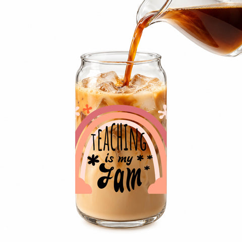 Teaching Is My Jam 16 oz Glass Jar, Teacher Iced Coffee Cup with Bamboo Lid & Straw, Teacher Gift