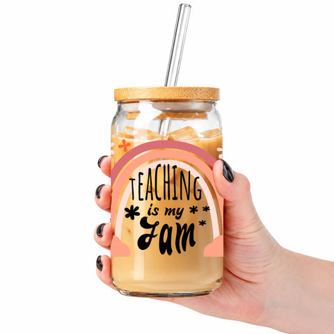 Teaching Is My Jam 16 oz Glass Jar, Teacher Iced Coffee Cup with Bamboo Lid & Straw, Teacher Gift