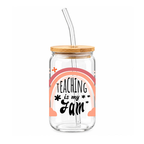 Teaching Is My Jam 16 oz Glass Jar, Teacher Iced Coffee Cup with Bamboo Lid & Straw, Teacher Gift