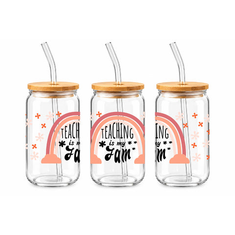 Teaching Is My Jam 16 oz Glass Jar, Teacher Iced Coffee Cup with Bamboo Lid & Straw, Teacher Gift